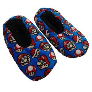 Super Mario Bros. Slippers Size 3Y Blue with Mario and Mushroom Print Allover